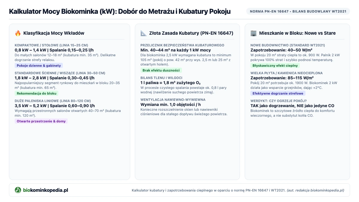 Infografika przedstawiająca kalkulator doboru mocy biokominka w kW do metrażu i kubatury pokoju wg normy PN-EN 16647