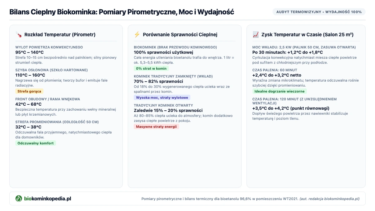 Infografika przedstawiająca bilans cieplny biokominka, pomiary temperatur pirometrem, sprawność 100 procent oraz wzrost temperatury w czasie
