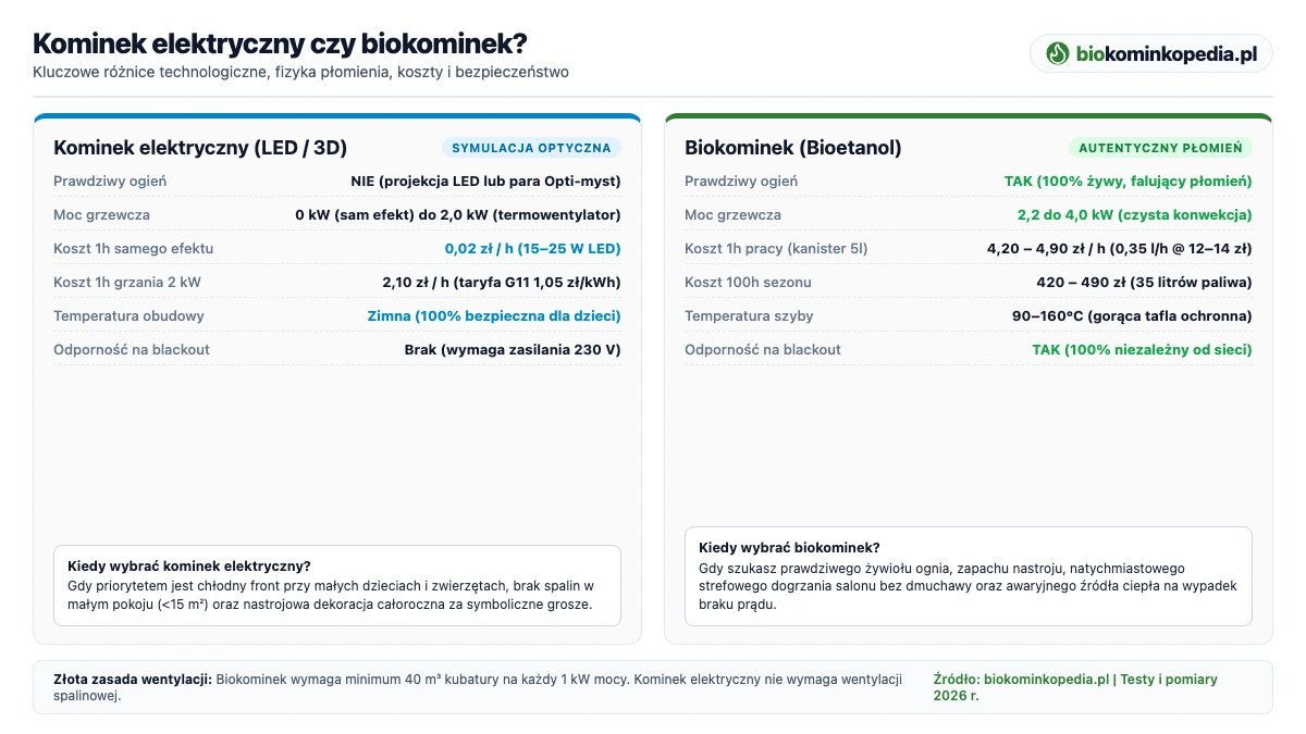 Infografika: Porównanie kominka elektrycznego i biokominka - technologie, koszty i bezpieczeństwo